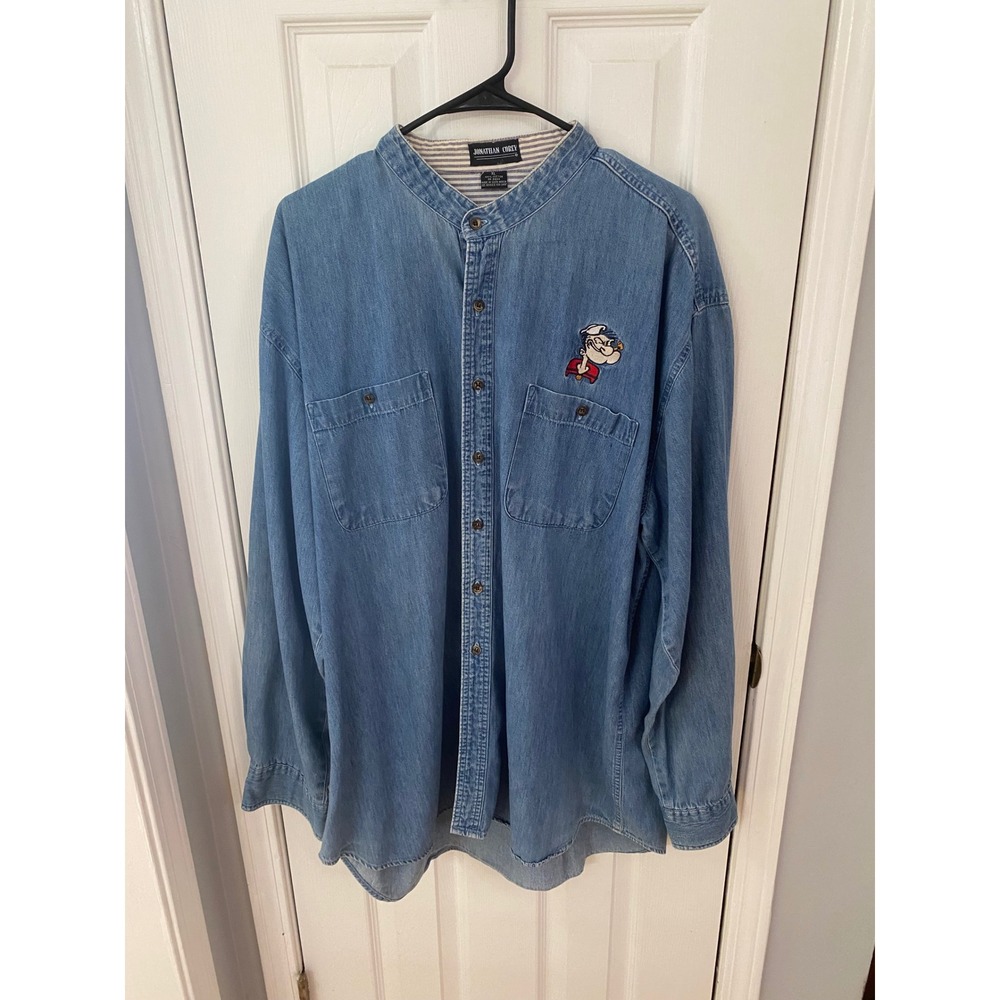 Jonathan Corey Denim Shirt Mens XL Blue Popeye Embroidered Vintage 90s Mandarin